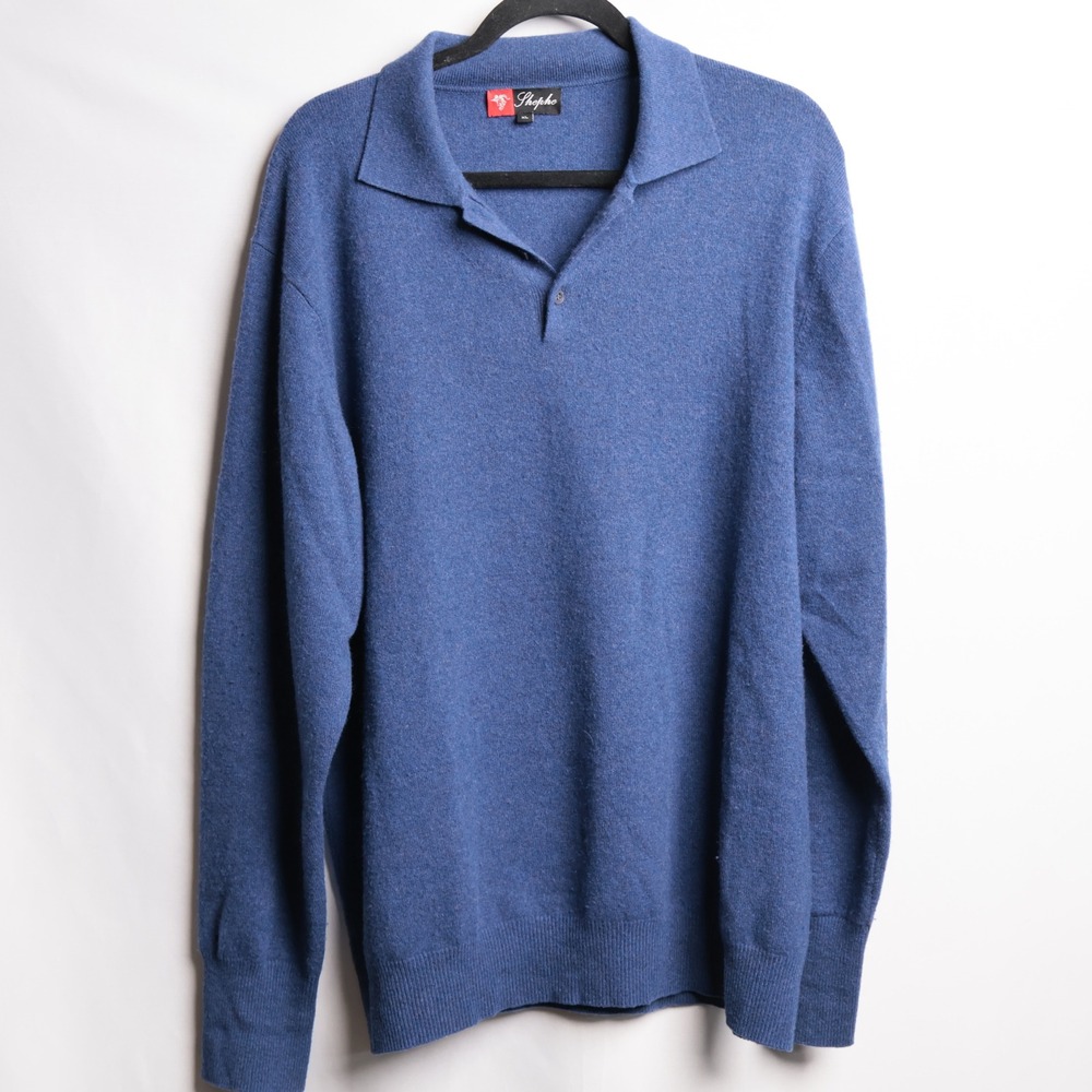 Shephe Polo Sweater‎ Mens XL Blue Excellent 100% Cashmere Long Sleeve Pullover